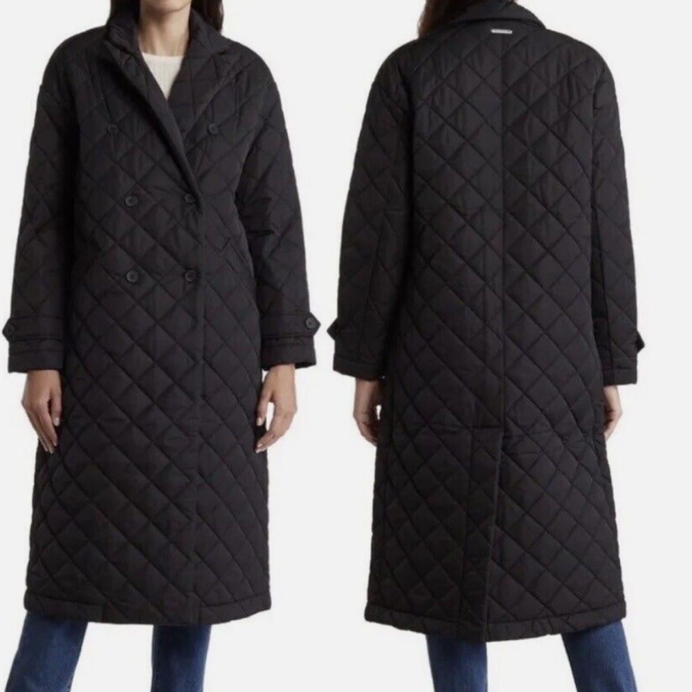 Rebecca Minkoff Double Breasted Quilted Long Black Duster